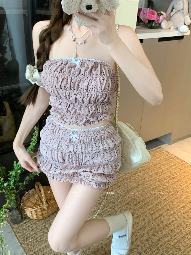 Women's Pink Ruched Tube Top and Skirt Two-Piece Set Summer Sweet Style - Image 3
