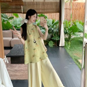 New Chinese Style Mock Neck Printed Vest and Wide Leg Pants Two Piece Set for Women Summer