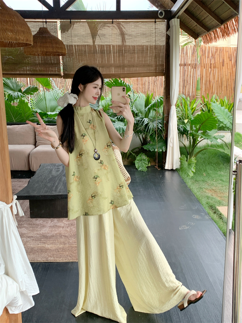 New Chinese Style Mock Neck Printed Vest and Wide Leg Pants Two Piece Set for Women Summer