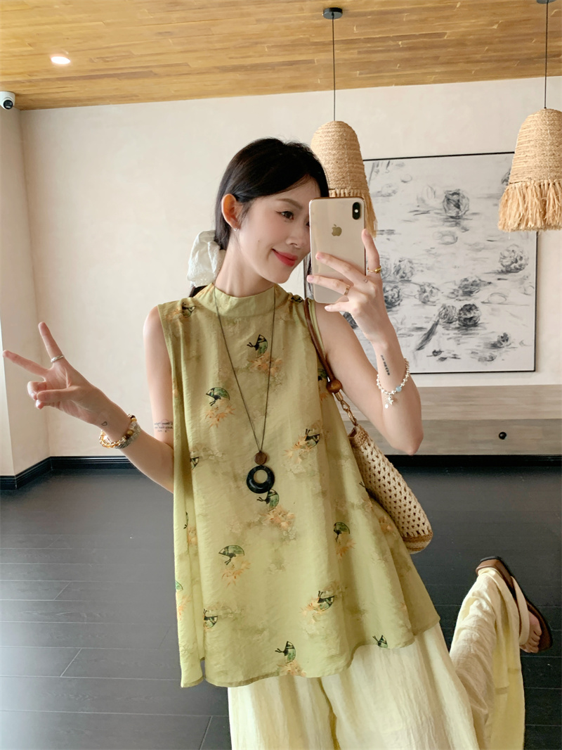 New Chinese Style Mock Neck Printed Vest and Wide Leg Pants Two Piece Set for Women Summer - Image 2