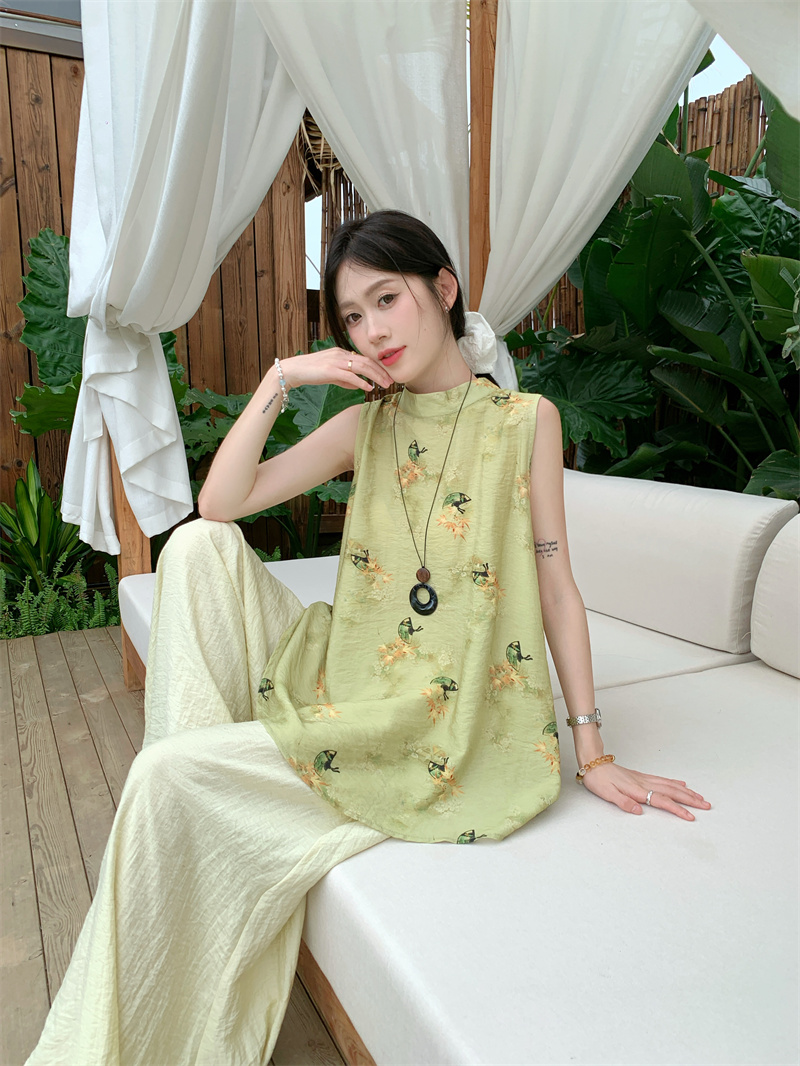 New Chinese Style Mock Neck Printed Vest and Wide Leg Pants Two Piece Set for Women Summer - Image 3