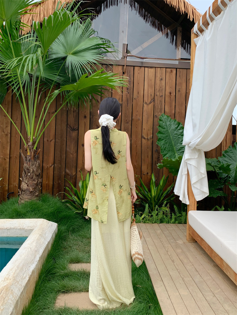 New Chinese Style Mock Neck Printed Vest and Wide Leg Pants Two Piece Set for Women Summer - Image 4