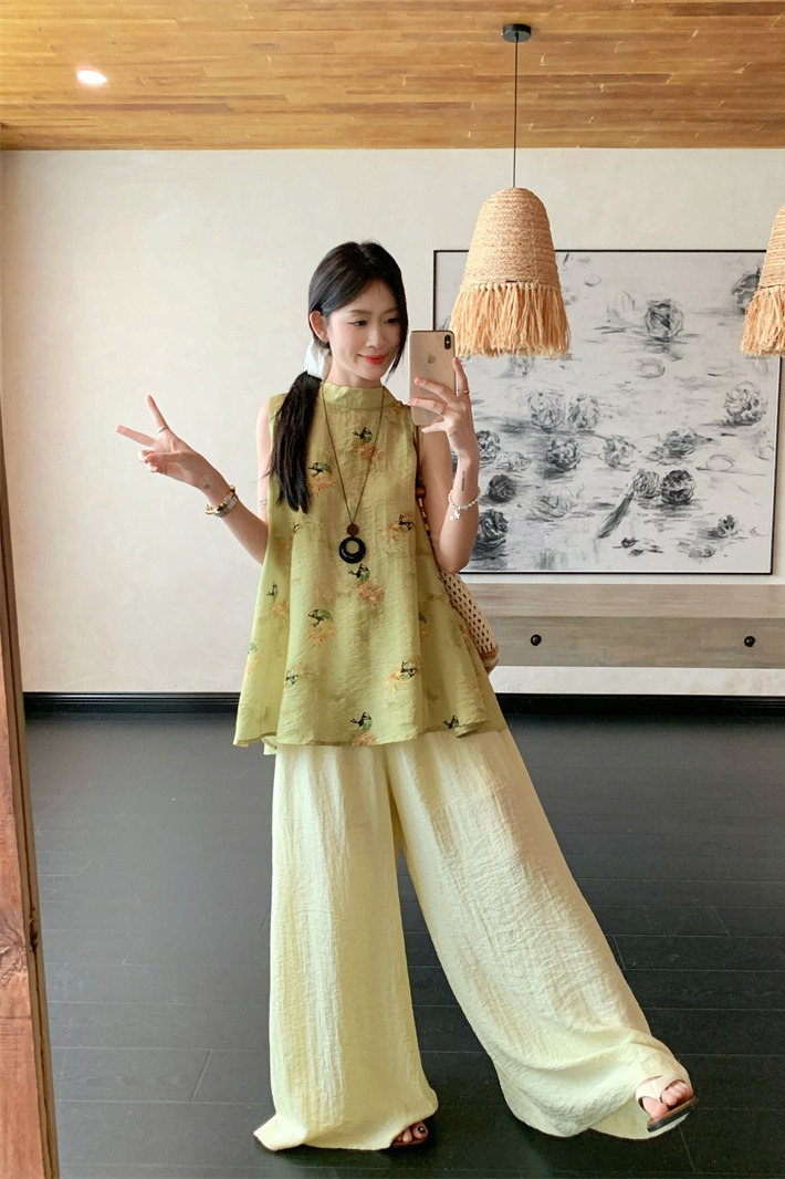 New Chinese Style Mock Neck Printed Vest and Wide Leg Pants Two Piece Set for Women Summer - Image 5