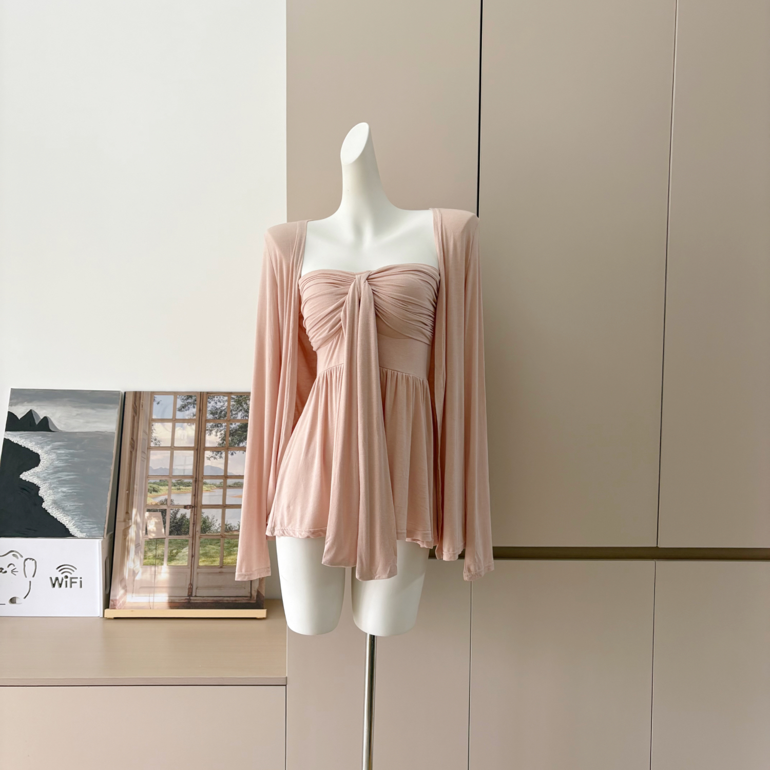 Peach Pink Modal Knit Two-Piece Camisole and Cardigan Set for Women Summer 2025 - Image 2