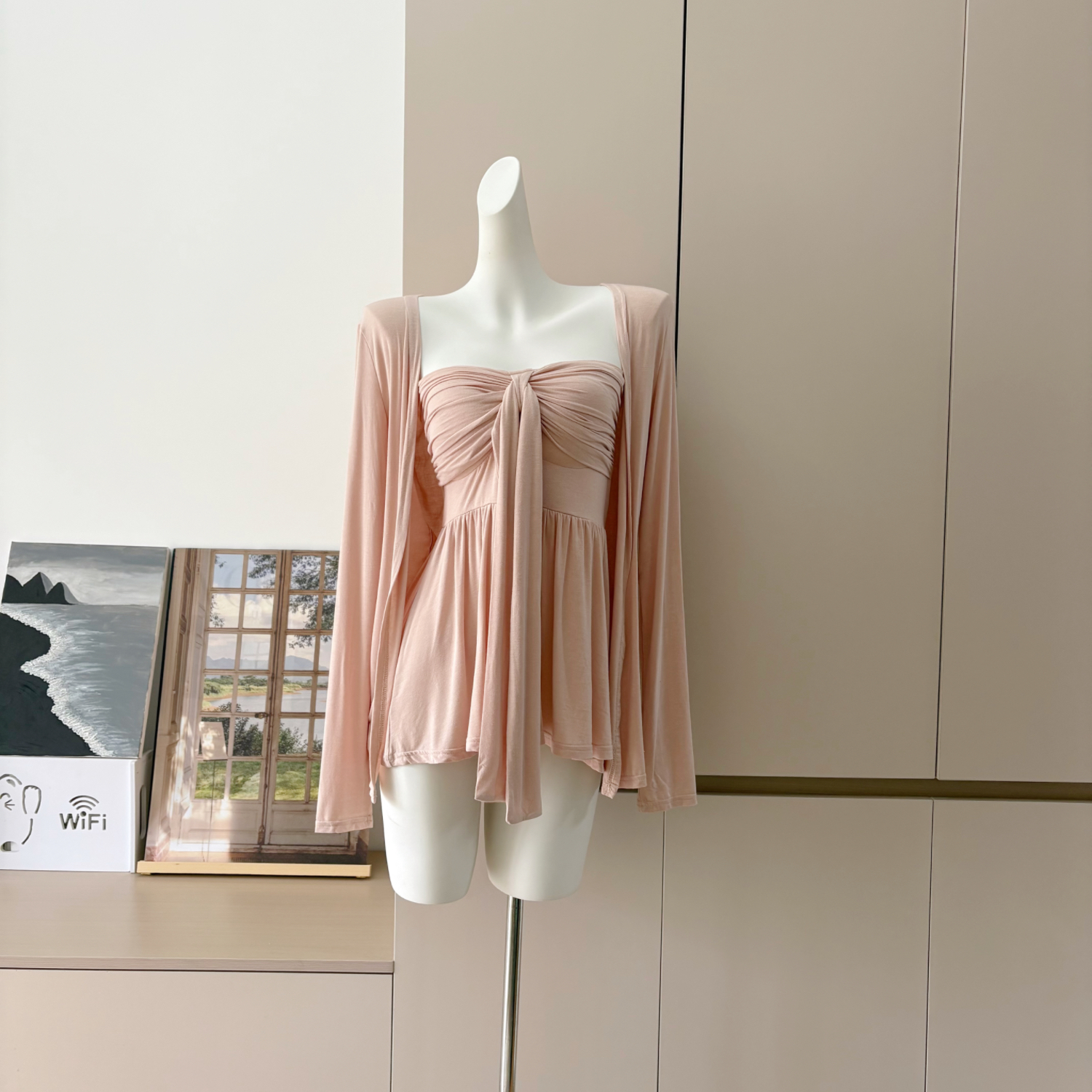 Peach Pink Modal Knit Two-Piece Camisole and Cardigan Set for Women Summer 2025