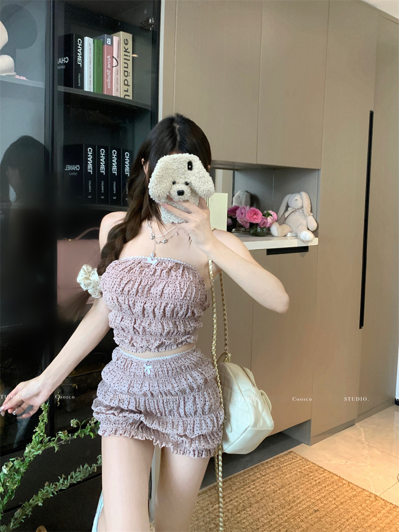 Women's Pink Ruched Tube Top and Skirt Two-Piece Set Summer Sweet Style - Image 2