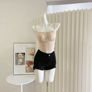 Sexy Pleated Cami Tank Top with Built-in Bra Pads for Women