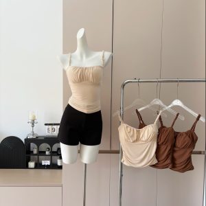 Versatile Padded Viscose Ruched Cami Top Women Short Slim Fit Base Layer