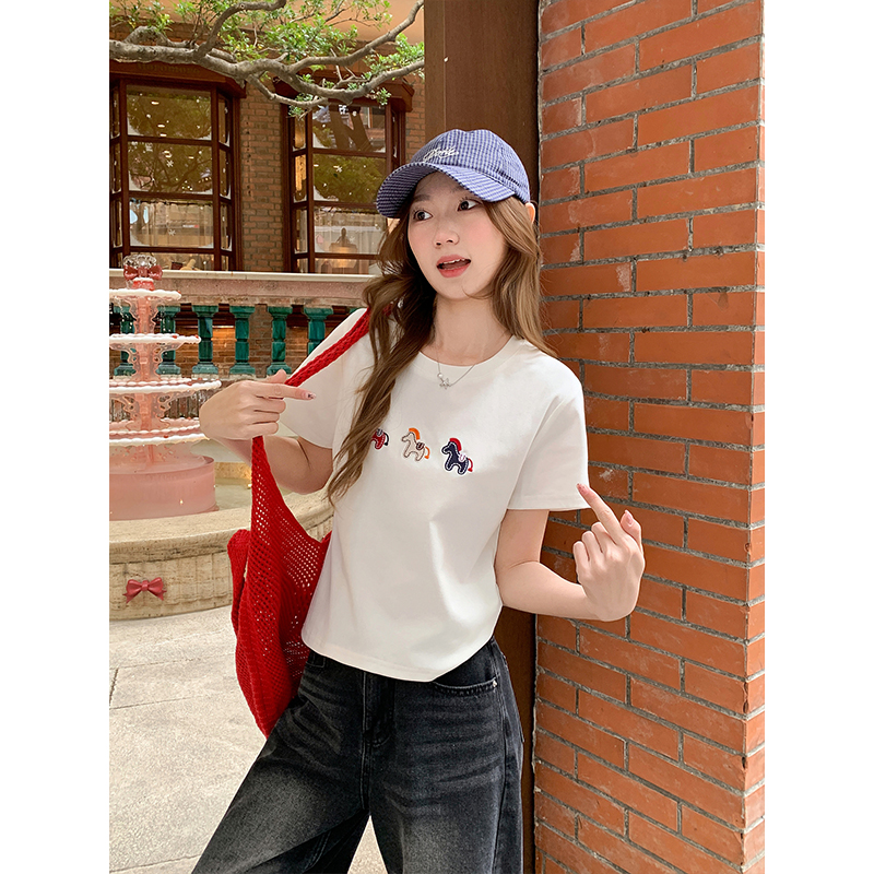 Women's Embroidered Pony Crew Neck Short Sleeve T-Shirt 2026 Summer Casual Loose Fit Top