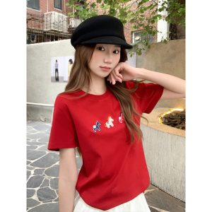 Korean Style Pony Embroidered Crew Neck Short Sleeve T-Shirt for Women 2026 Summer Casual Fashion Top