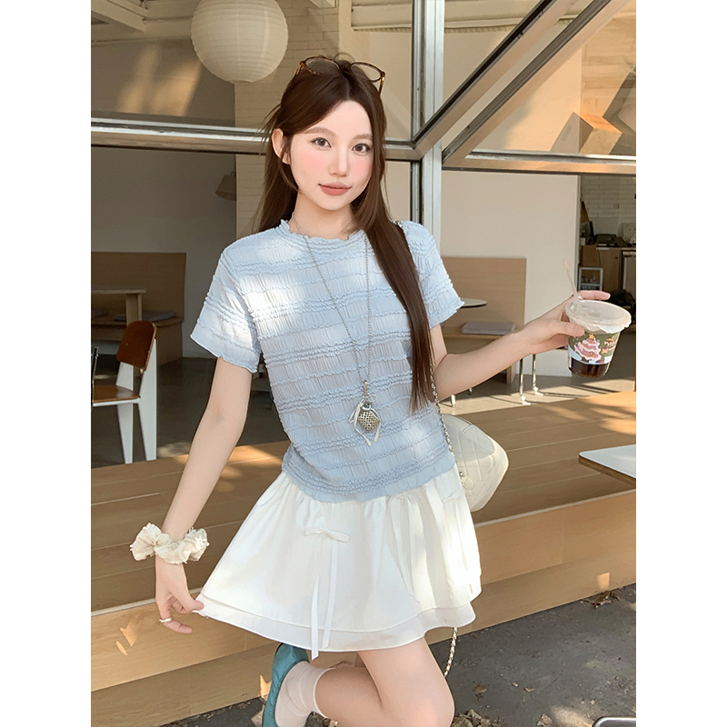 Korean Style Ruffle Trim Round Neck Short Sleeve T-Shirt for Women 2026 Summer Sweet Layering Top