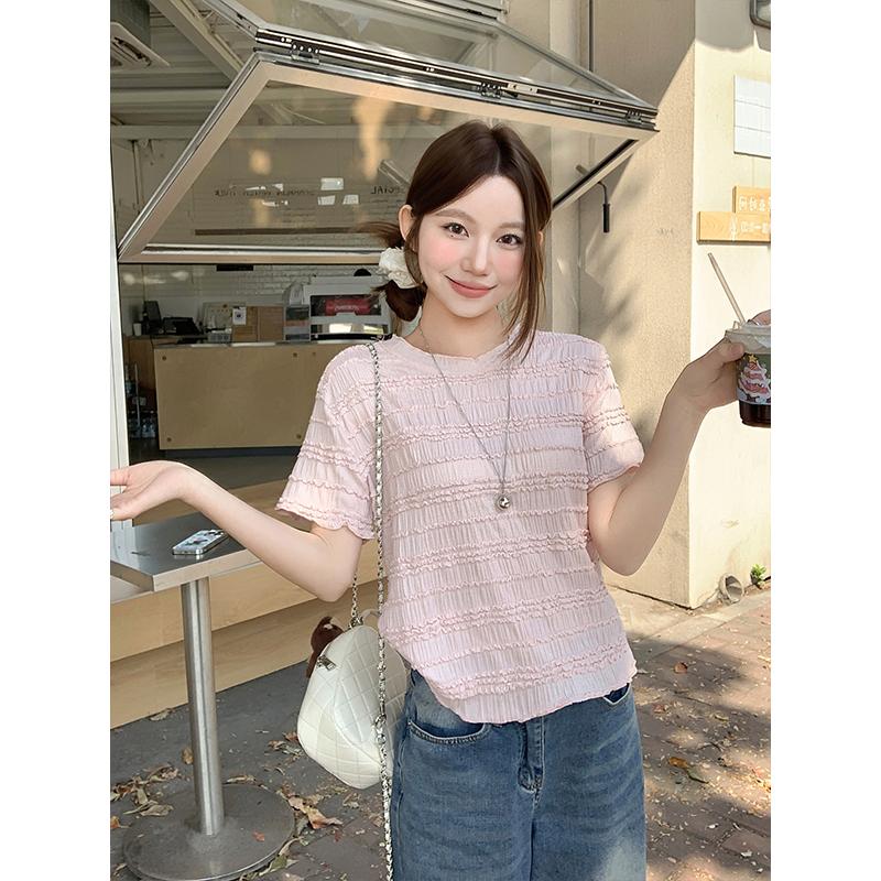 Korean Style Ruffle Trim Round Neck Short Sleeve T-Shirt for Women 2026 Summer Sweet Layering Top - Image 2