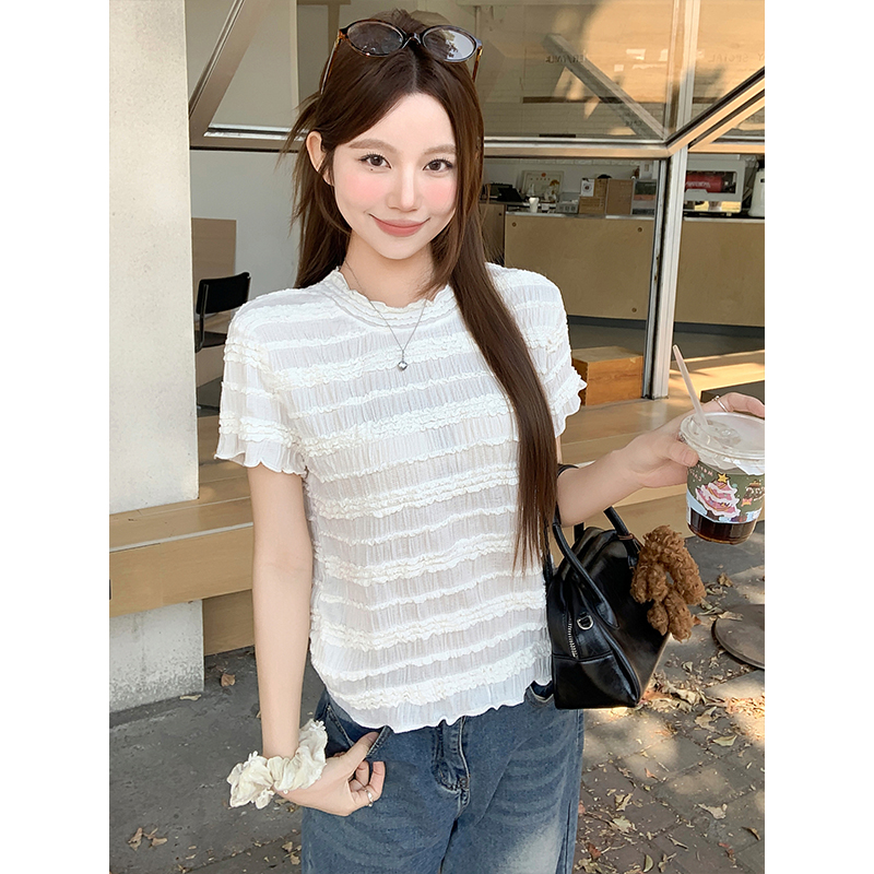 Korean Style Ruffle Trim Round Neck Short Sleeve T-Shirt for Women 2026 Summer Sweet Layering Top - Image 3