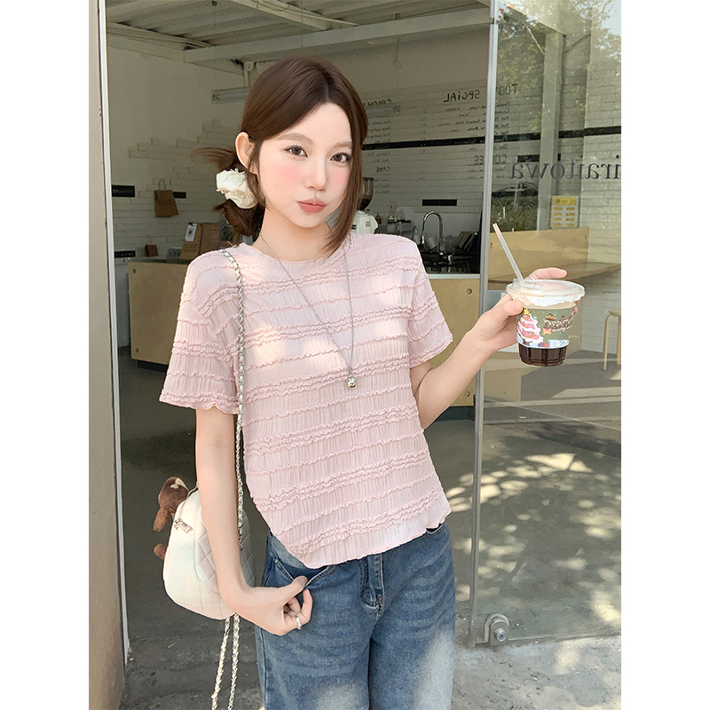 Korean Style Ruffle Trim Round Neck Short Sleeve T-Shirt for Women 2026 Summer Sweet Layering Top - Image 5