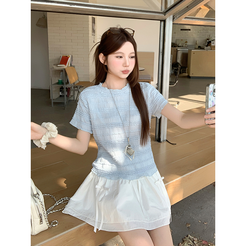 Sweet Ruffle Round Neck Short Sleeve T-Shirt Women 2026 Summer Slim Fit Pleated Wood Ear Trim Versatile Top - Image 4