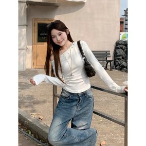 Women's Studded Slant Neck Long Sleeve T-Shirt 2026 Spring Slim Fit Shoulder-Baring Top