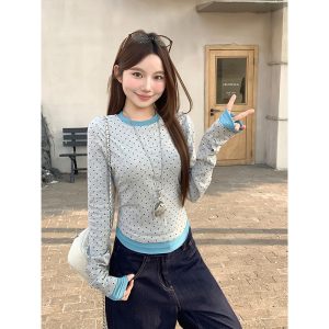 Korean Polka Dot Faux Two-Piece Long Sleeve T-Shirt for Women 2026 Spring Retro Color Block Top