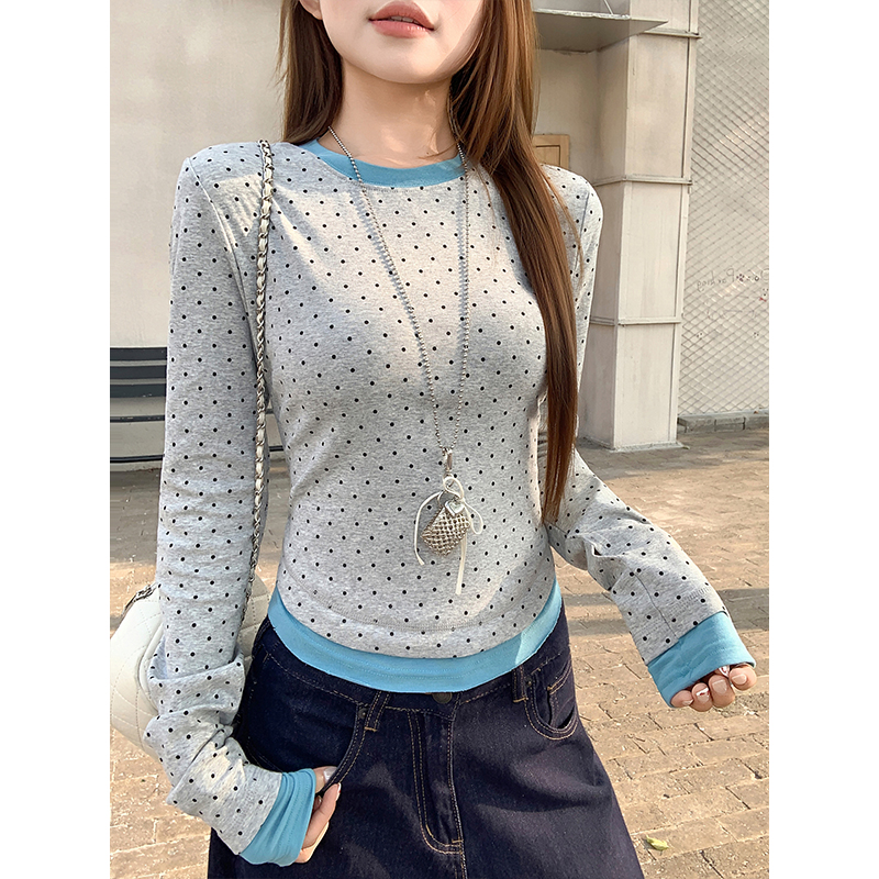 Women's Color Block Faux Two-Piece Long Sleeve T-Shirt 2026 Spring Korean Slim Fit Base Layer Top - Image 4
