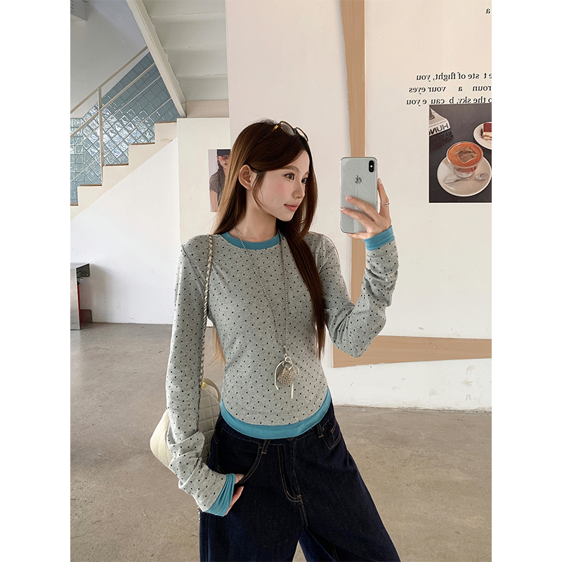 Women's Color Block Faux Two-Piece Long Sleeve T-Shirt 2026 Spring Korean Slim Fit Base Layer Top - Image 5