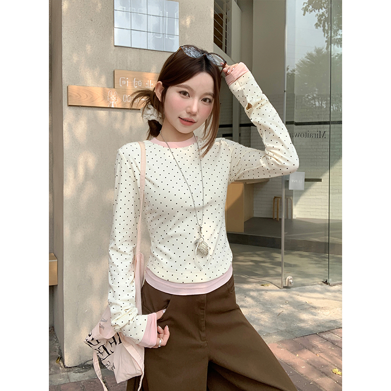 Women's Color Block Faux Two-Piece Long Sleeve T-Shirt 2026 Spring Korean Slim Fit Base Layer Top - Image 2