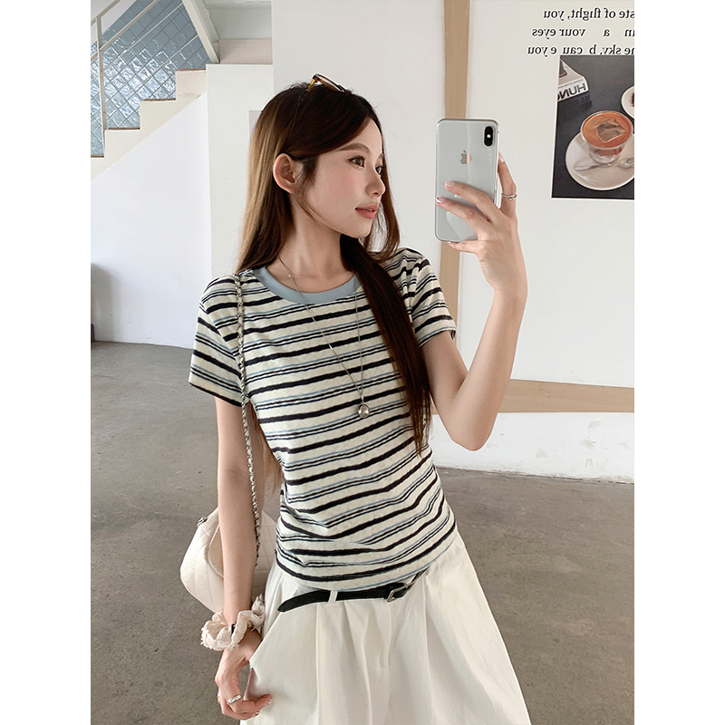 Korean Contrast Color Striped Short Sleeve T-Shirt for Women 2026 Summer New Unique Niche Versatile Pullover Top - Image 2