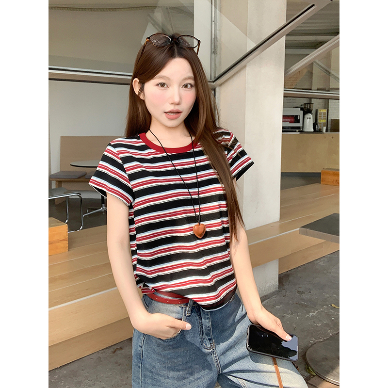 Korean Contrast Color Striped Short Sleeve T-Shirt for Women 2026 Summer New Unique Niche Versatile Pullover Top - Image 4