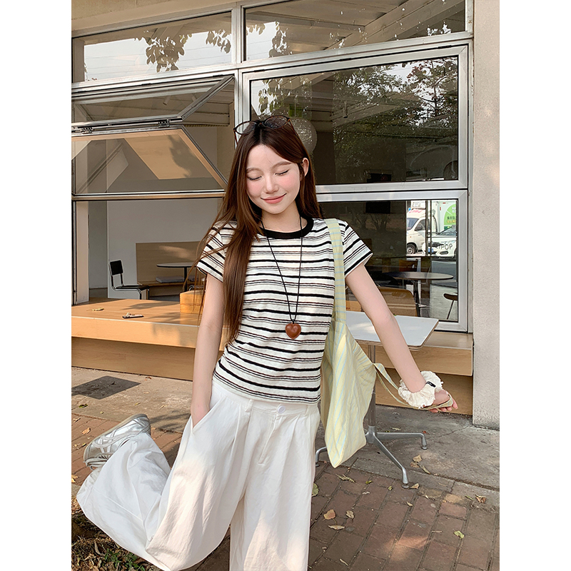 Korean Contrast Color Striped Short Sleeve T-Shirt for Women 2026 Summer New Unique Niche Versatile Pullover Top - Image 5