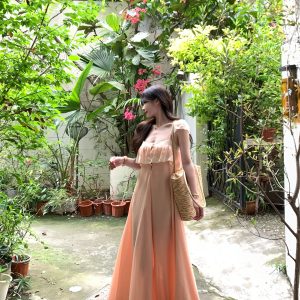 French Vacation Style Lace Chiffon Ruffle Cami Dress