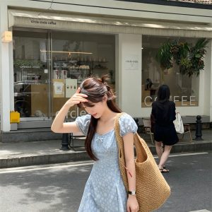 Sweet Blue Floral V-Neck Puff Sleeve A-Line Dress
