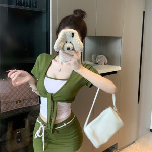 Korean Style Three-Piece Set with Cami, Tie-Front Short Sleeve Cardigan, and Bodycon Mini Skirt