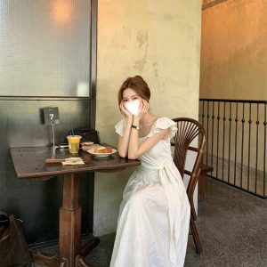 French Style One-Shoulder Ruffle A-Line Dress with Waist Tie