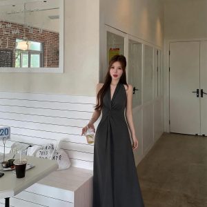 Sexy Halter V-Neck Twist Waist Sleeveless A-Line Dress