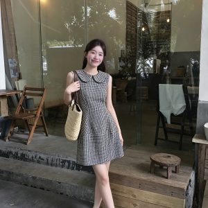 Sweet Sleeveless Doll Collar Plaid Cinched Waist A-Line Dress