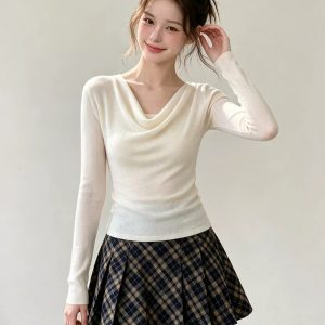 Women's Off-Shoulder Long-Sleeve Knit Top with Draped Neck