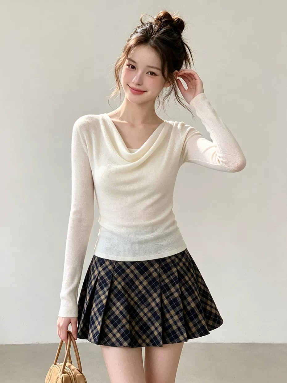 Women's Off-Shoulder Long-Sleeve Knit Top with Draped Neck