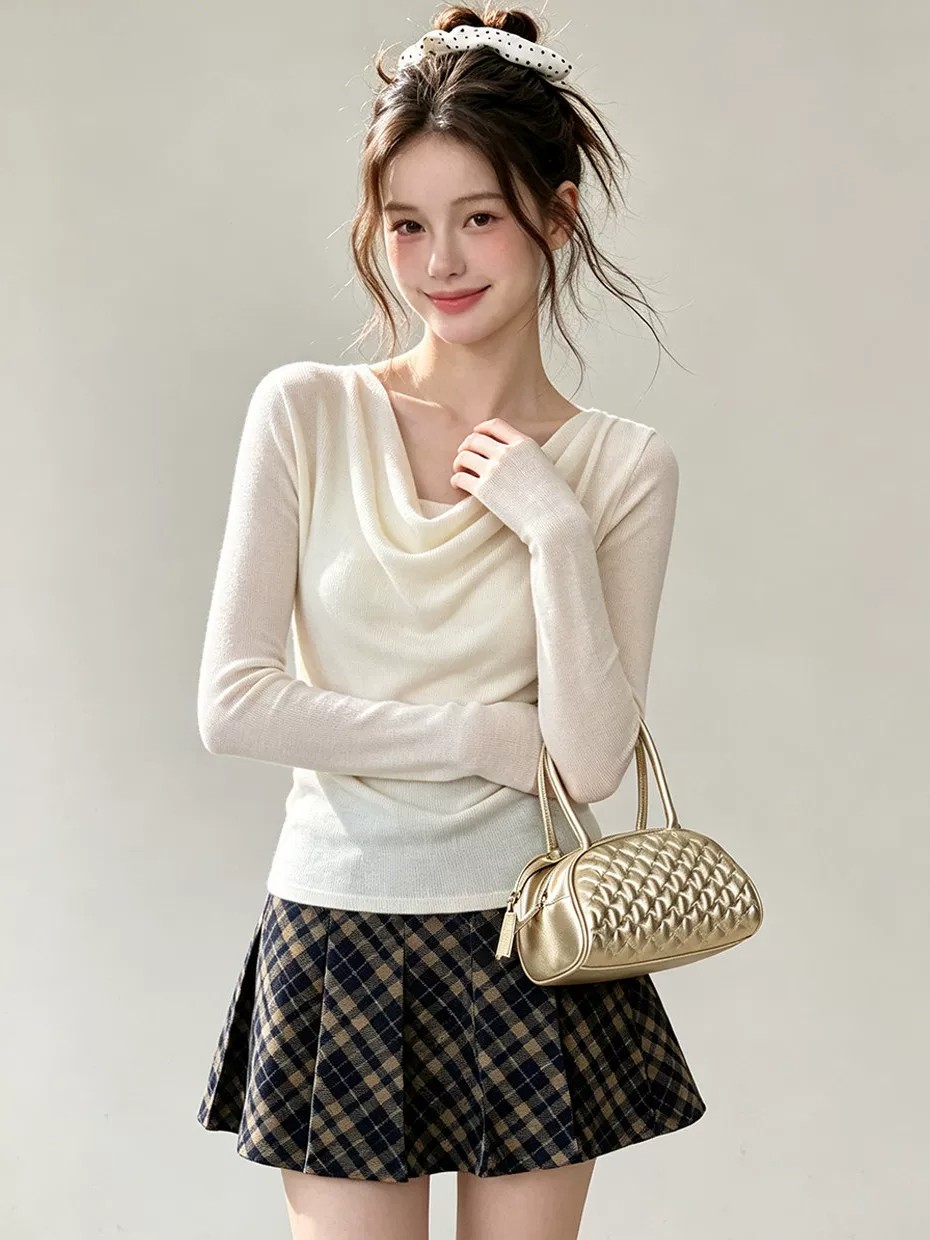 Women's Off-Shoulder Long-Sleeve Knit Top with Draped Neck - Image 2