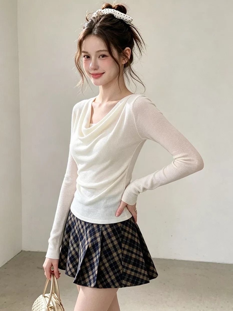 Women's Off-Shoulder Long-Sleeve Knit Top with Draped Neck - Image 3