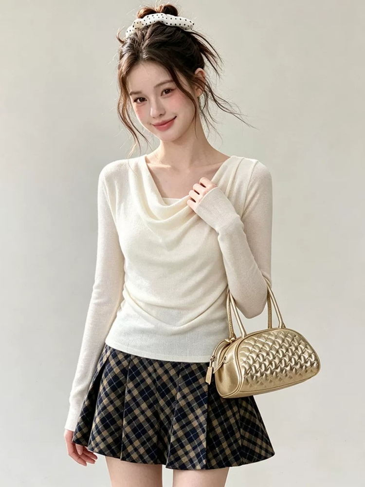 Women's Off-Shoulder Long-Sleeve Knit Top with Draped Neck - Image 4