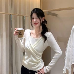 Korean Style Soft Pure Desire Twist Knit Sweater Women Fall Winter Base Layer Cross Fake Two Piece Waist Cinched New Knit Top