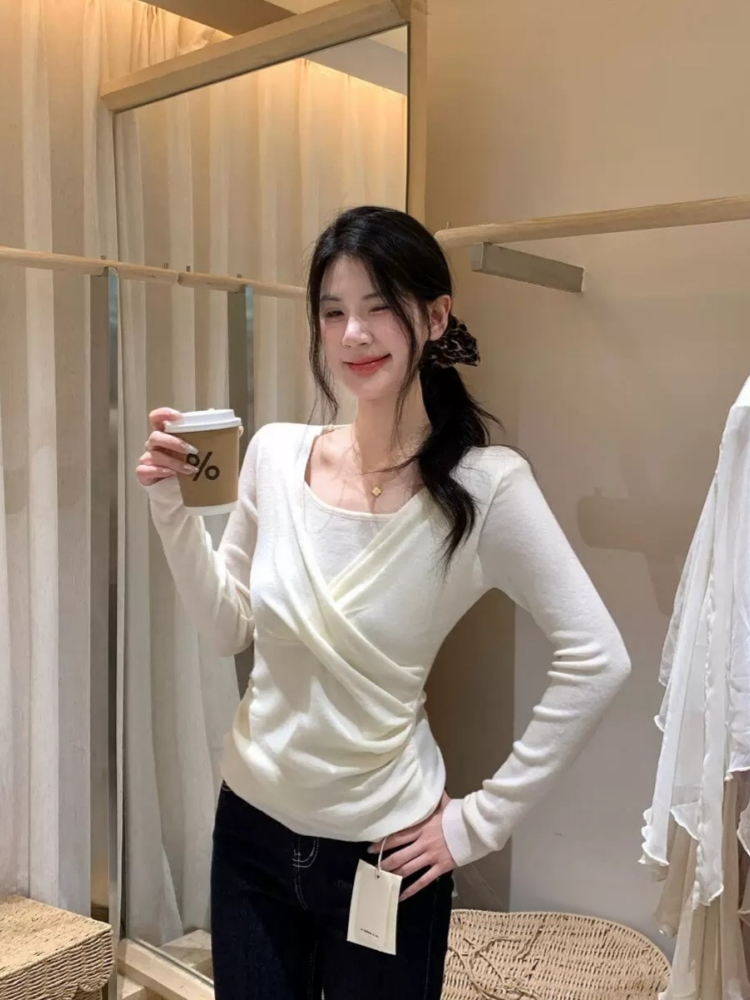 Korean Style Soft Pure Desire Twist Knit Sweater Women Fall Winter Base Layer Cross Fake Two Piece Waist Cinched New Knit Top