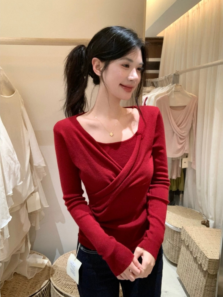 Korean Style Soft Pure Desire Twist Knit Sweater Women Fall Winter Base Layer Cross Fake Two Piece Waist Cinched New Knit Top - Image 4