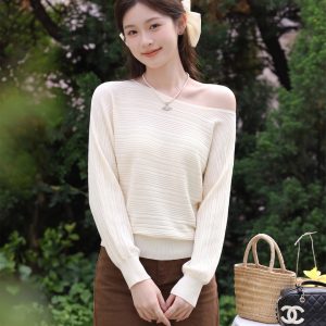 Korean Lazy Style Asymmetric Off-Shoulder Long Sleeve T-Shirt Women Autumn New Loose Slimming Ribbed Knit Top