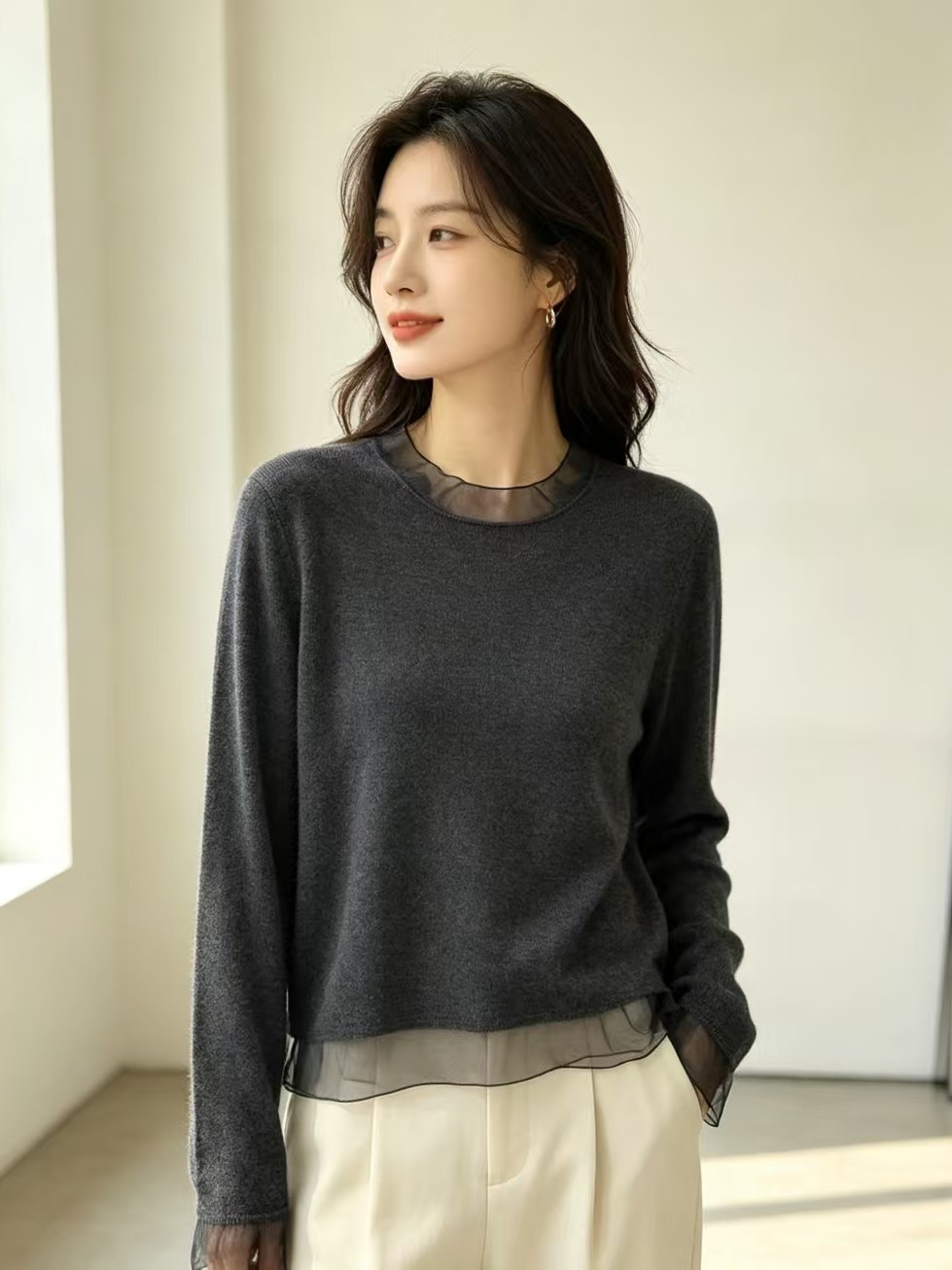 Minimalist Solid Color Mesh Lace Collar Long Sleeve Knit Cardigan with Mesh Hem Gentle Style Early Autumn Slim Inner Top Women - Image 2