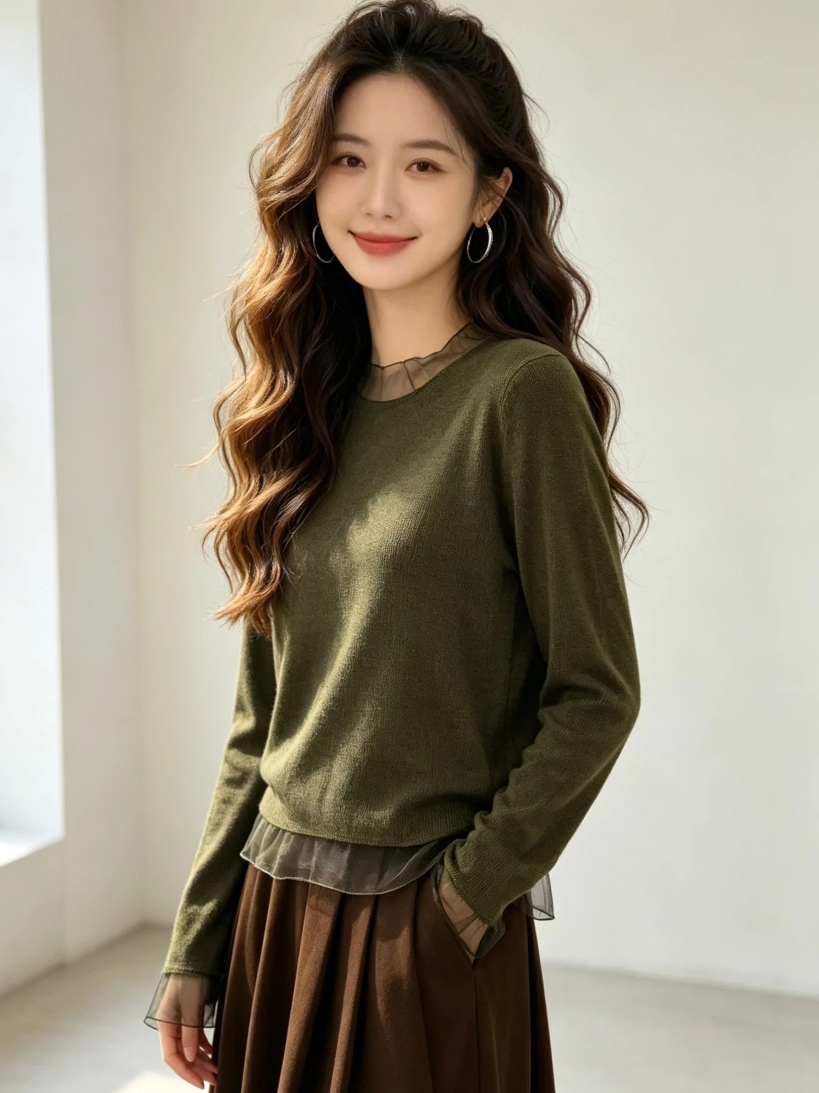 Minimalist Solid Color Mesh Lace Collar Long Sleeve Knit Cardigan with Mesh Hem Gentle Style Early Autumn Slim Inner Top Women - Image 3