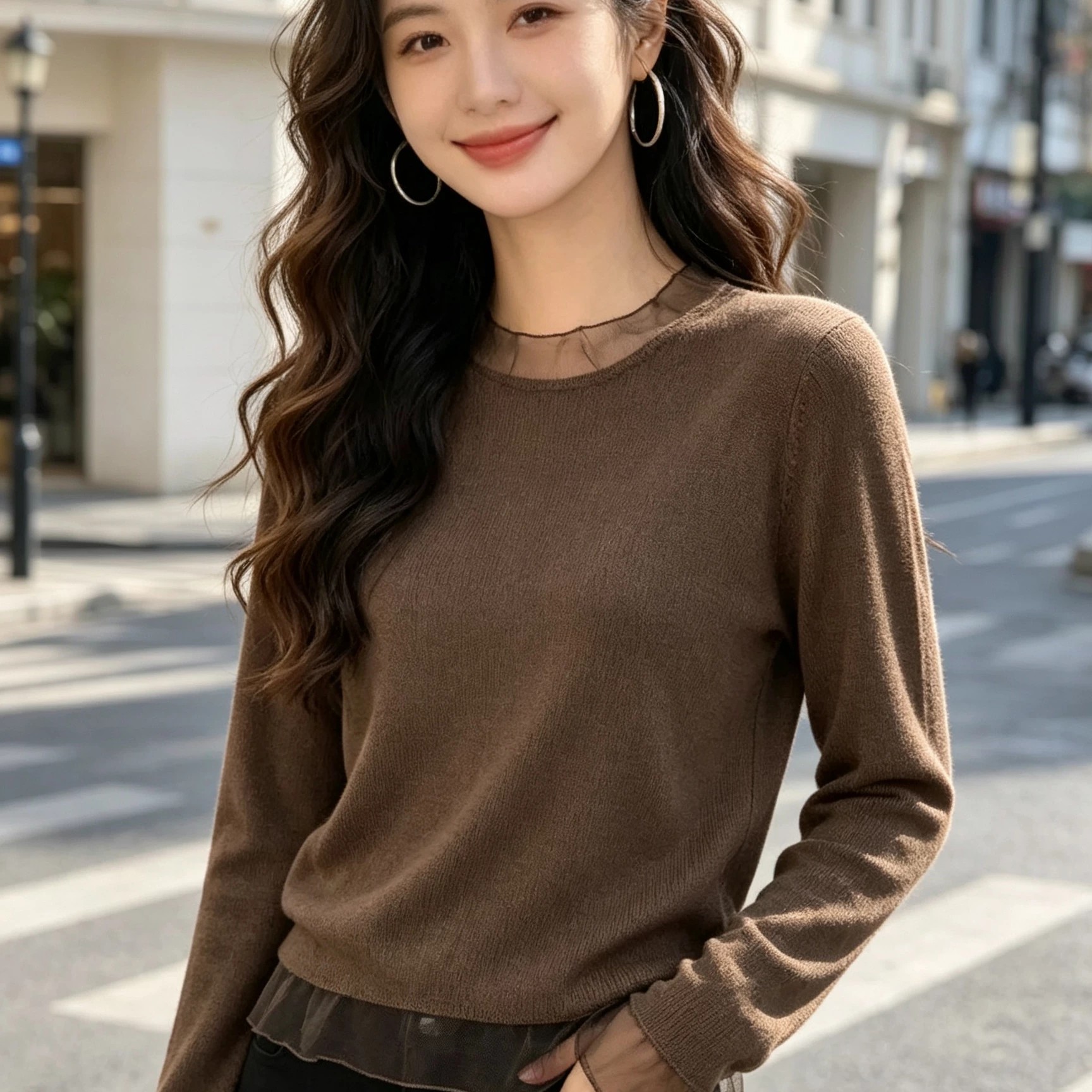 Minimalist Solid Color Mesh Lace Collar Long Sleeve Knit Cardigan with Mesh Hem Gentle Style Early Autumn Slim Inner Top Women - Image 4