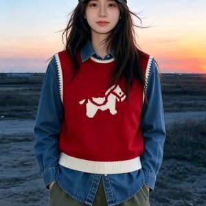 Red Cute Pony Jacquard Layered Knit Vest Women 2026 Fall Winter New Unique Top