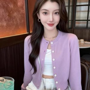 Women's Soft Lazy Style Purple Round Neck Knit Cardigan 2026 Autumn Winter New Short Top