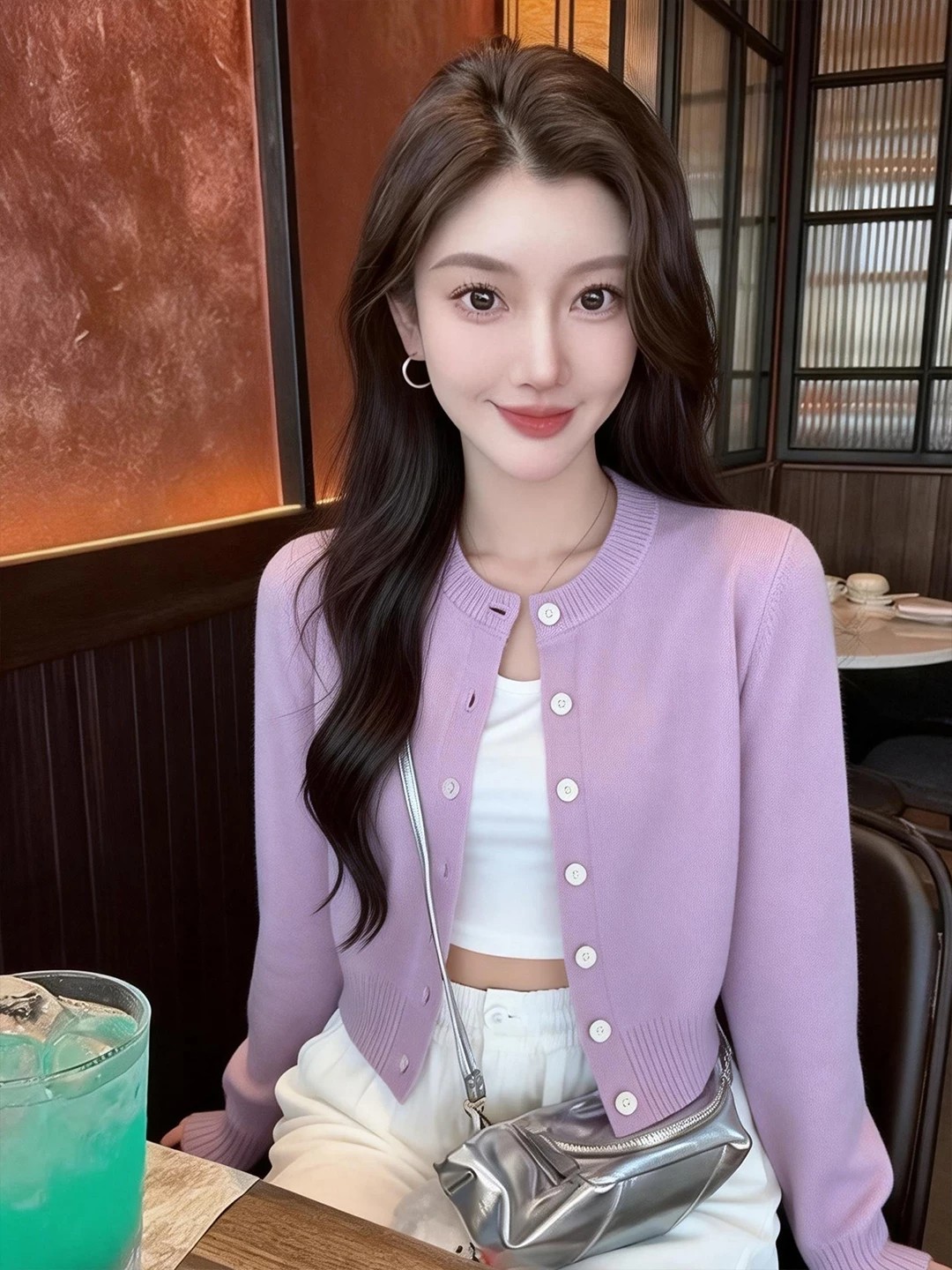 Women's Soft Lazy Style Purple Round Neck Knit Cardigan 2026 Autumn Winter New Short Top - Image 2
