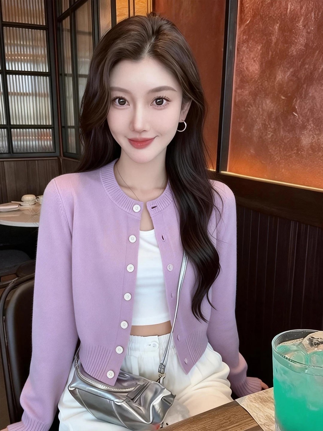Women's Soft Lazy Style Purple Round Neck Knit Cardigan 2026 Autumn Winter New Short Top - Image 3