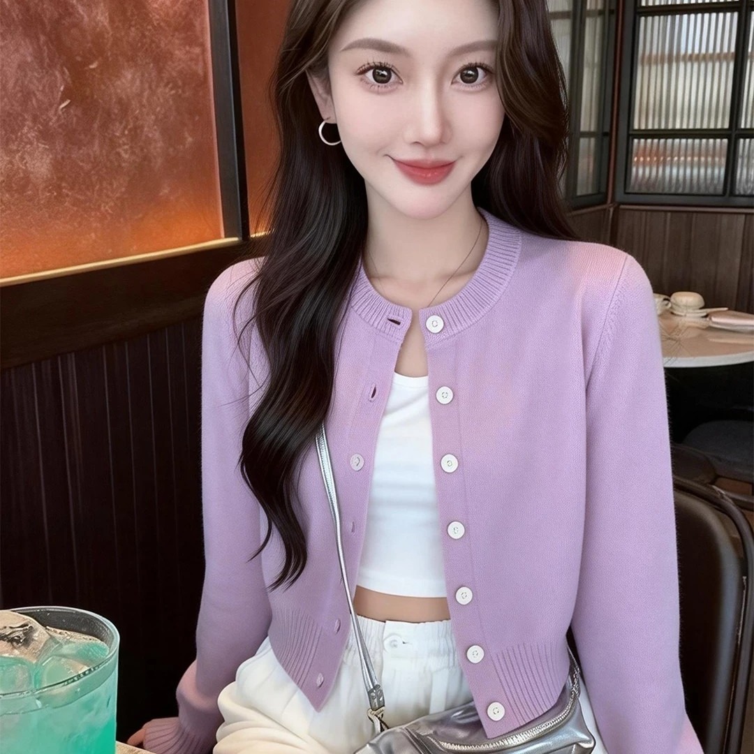 Women's Soft Lazy Style Purple Round Neck Knit Cardigan 2026 Autumn Winter New Short Top - Image 5